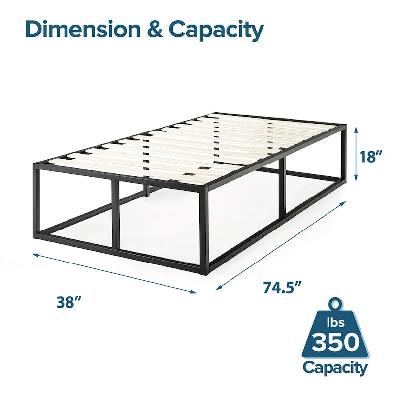 Estructura de cama de plataforma de metal negro con listones de madera