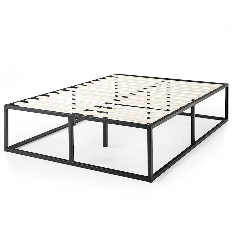 Estructura de cama de plataforma de metal negro con listones de madera