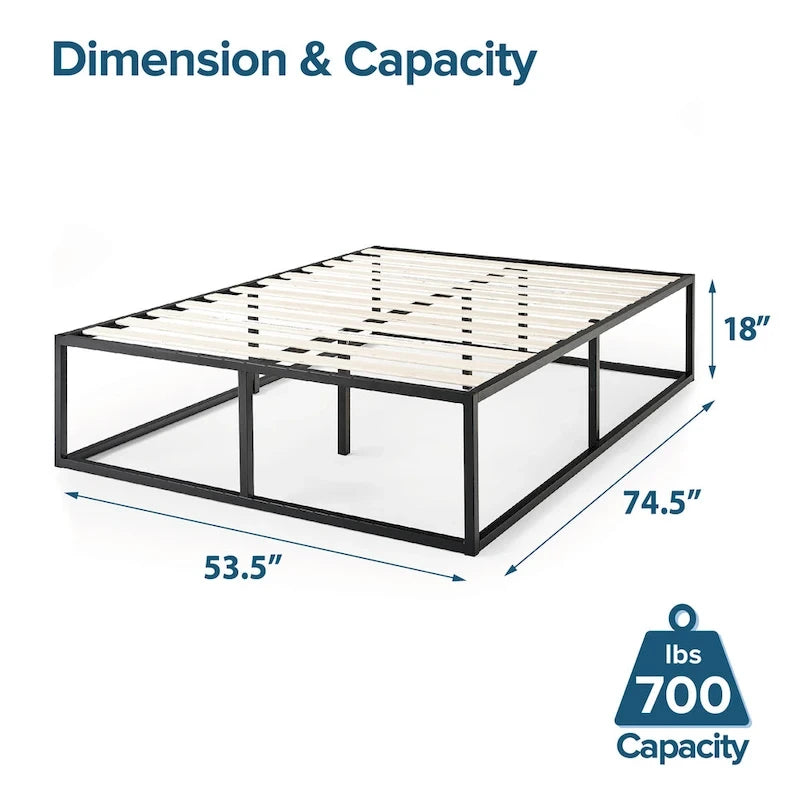 Estructura de cama de plataforma de metal negro con listones de madera