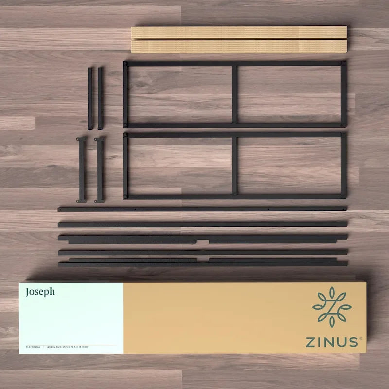 Estructura de cama de plataforma de metal negro con listones de madera