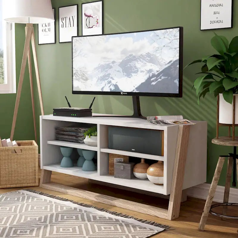 Consola de TV moderna de mediados de siglo con cuatro estantes abiertos
