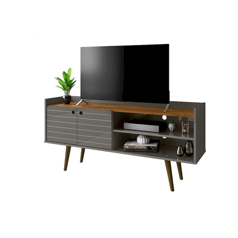 Mediakast uit het midden van de eeuw met planken en poten van massief hout