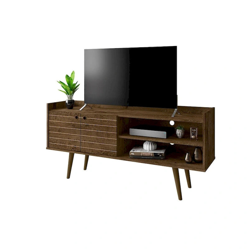Mediakast uit het midden van de eeuw met planken en poten van massief hout