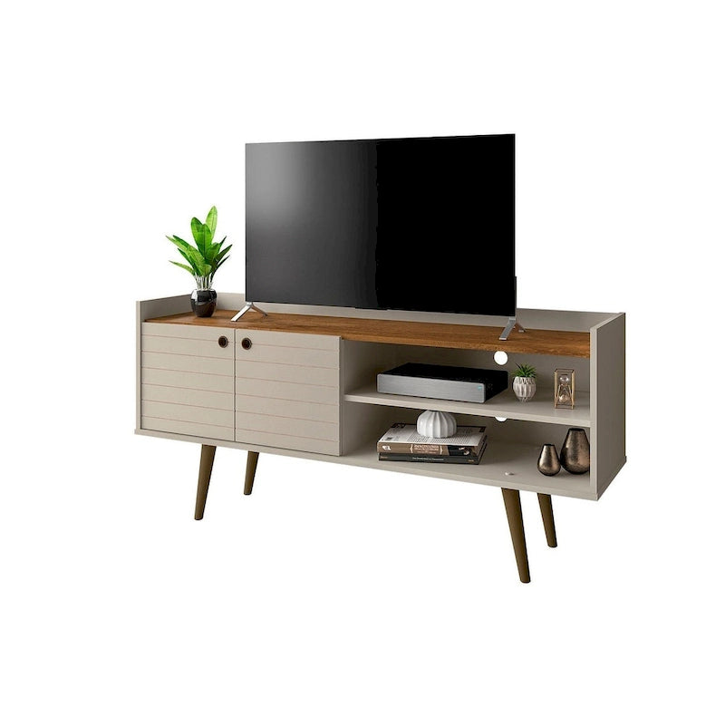 Mediakast uit het midden van de eeuw met planken en poten van massief hout