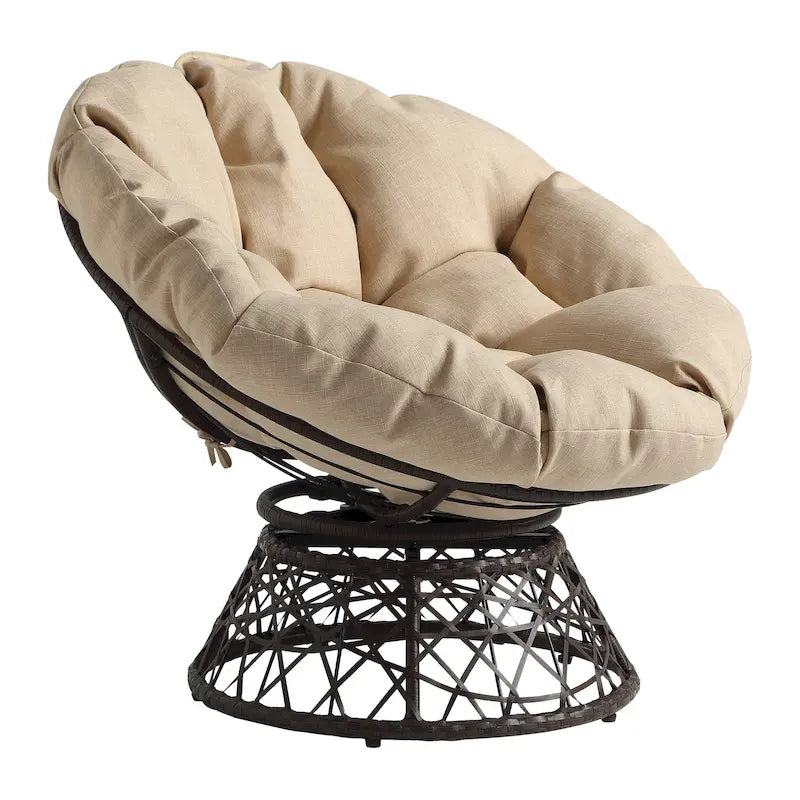 Sillón Papasan con cojín redondo color crema y tejido de mimbre marrón