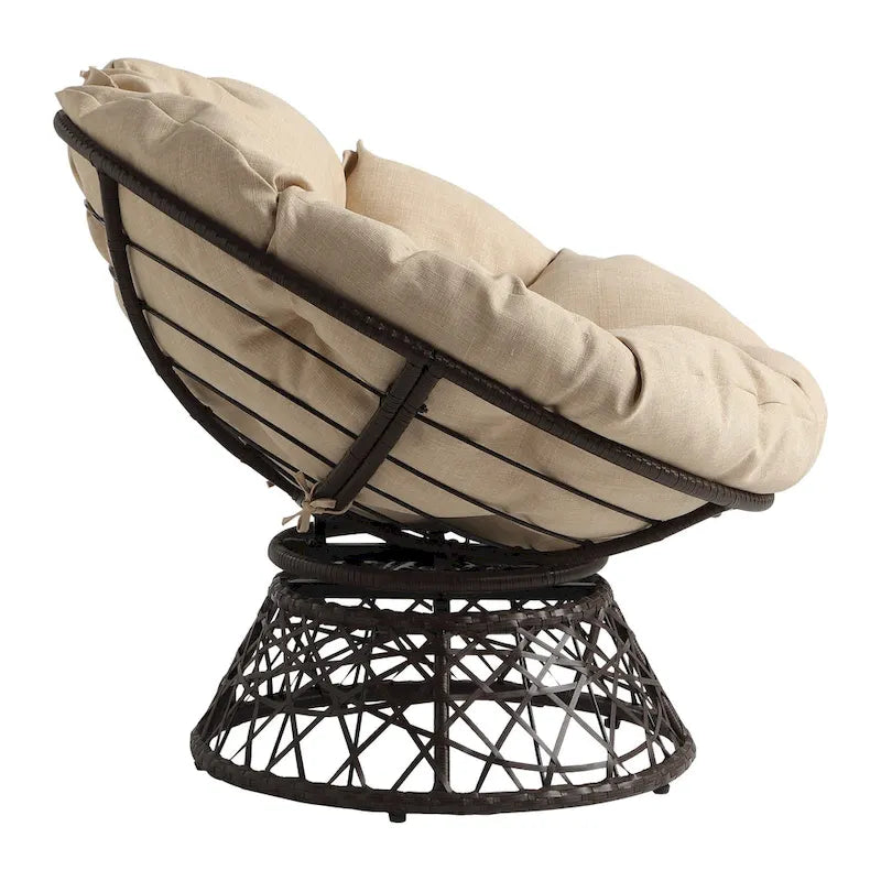 Sillón Papasan con cojín redondo color crema y tejido de mimbre marrón