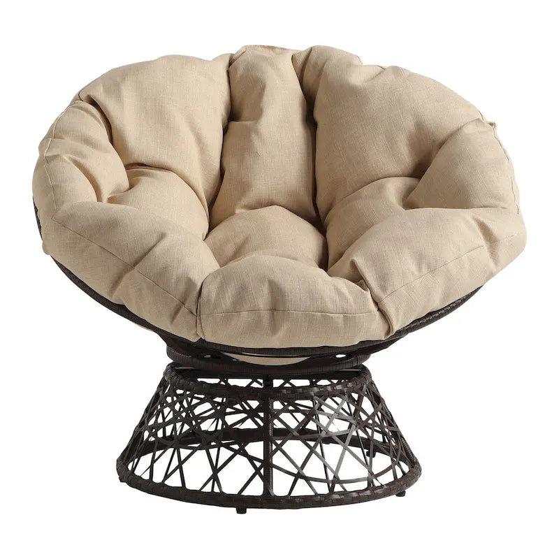 Sillón Papasan con cojín redondo color crema y tejido de mimbre marrón