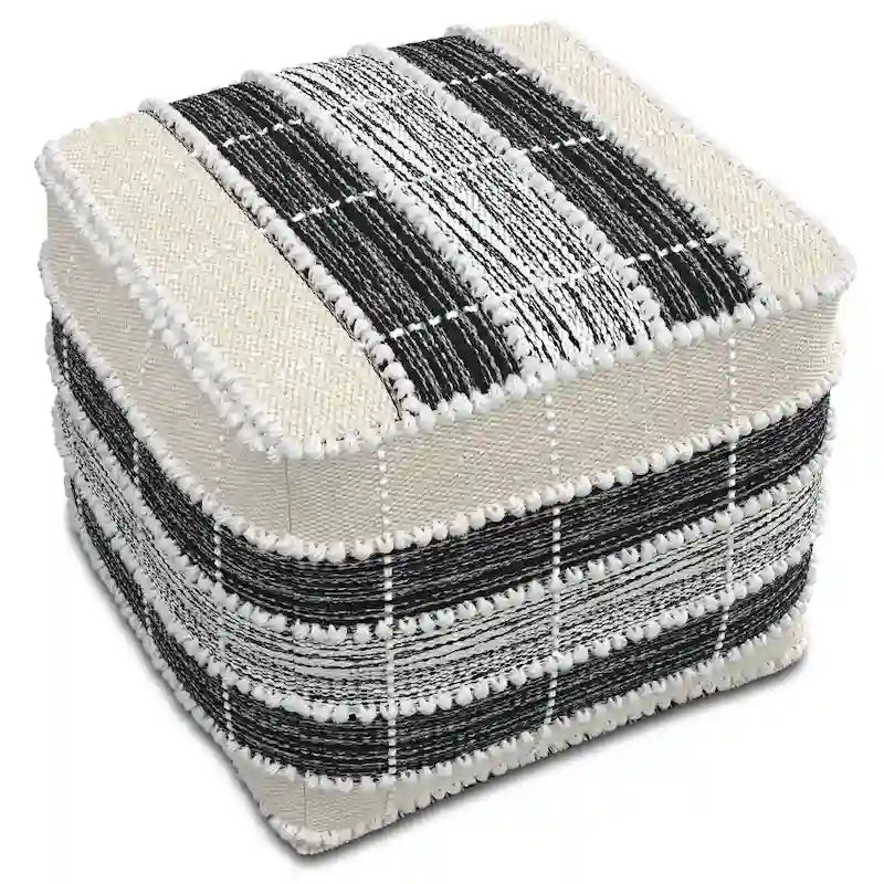 Puf cuadrado a rayas para interior/exterior, en blanco, beige y negro