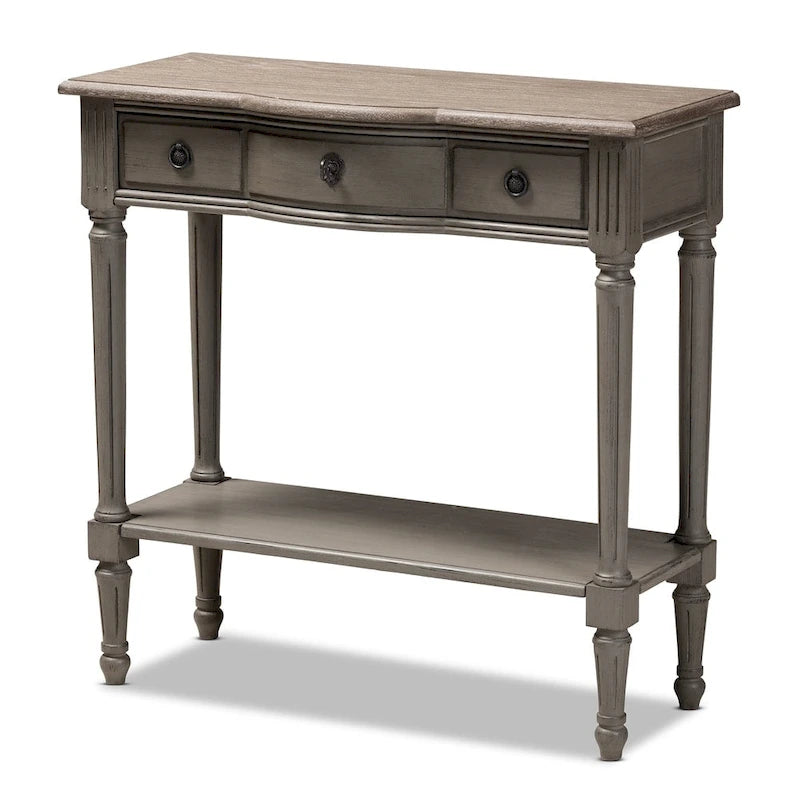 Mesa consola de madera con acabado gris de estilo campestre francés y 1 cajón