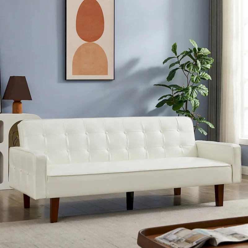 Sofá cama futón de PU para sala de estar, sofá cama futón convertible tapizado en cuero sintético, cama futón con canales capitoné para dormitorio
