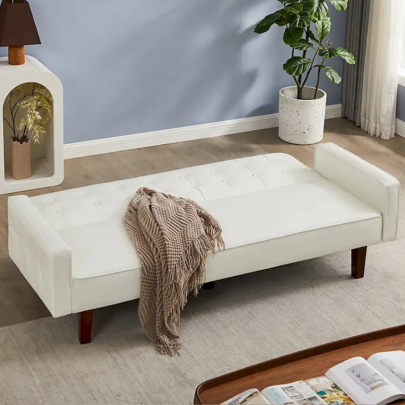 Sofá cama futón de PU para sala de estar, sofá cama futón convertible tapizado en cuero sintético, cama futón con canales capitoné para dormitorio