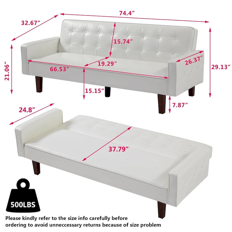 Sofá cama futón de PU para sala de estar, sofá cama futón convertible tapizado en cuero sintético, cama futón con canales capitoné para dormitorio