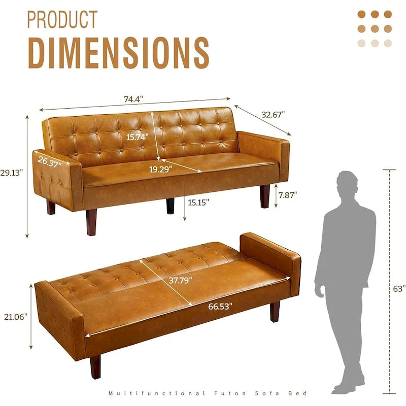 PU-Futon-Sofa für das Wohnzimmer, wandelbares gepolstertes Schlafsofa aus Kunstleder, kanalgesteppt, Futons für das Schlafzimmer