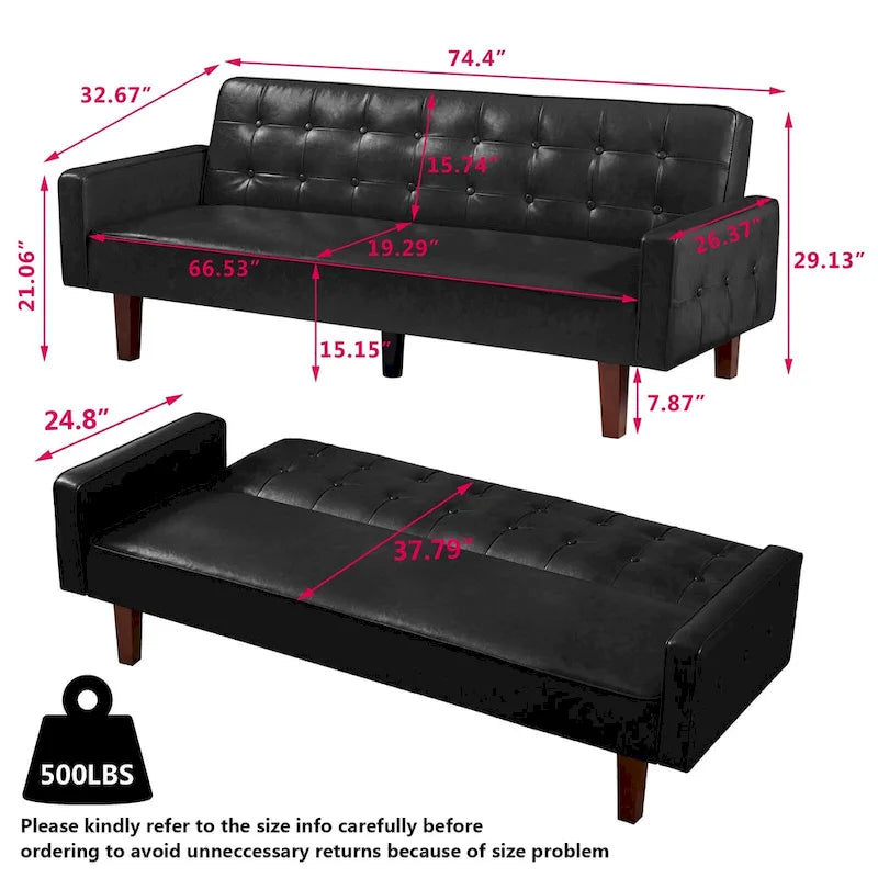 PU-Futon-Sofa für das Wohnzimmer, wandelbares gepolstertes Schlafsofa aus Kunstleder, kanalgesteppt, Futons für das Schlafzimmer