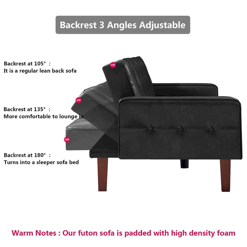 PU-Futon-Sofa für das Wohnzimmer, wandelbares gepolstertes Schlafsofa aus Kunstleder, kanalgesteppt, Futons für das Schlafzimmer