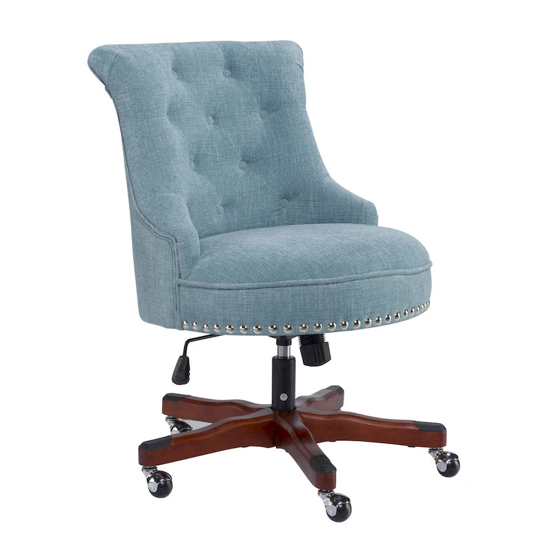 Silla de oficina giratoria color verde azulado con tapizado capitoné y altura ajustable