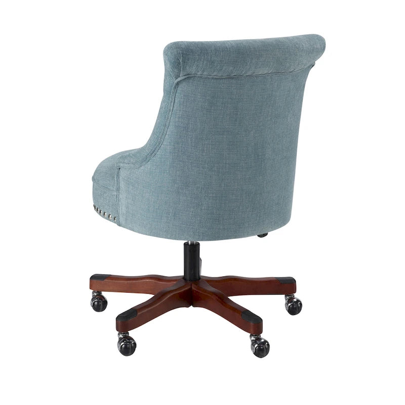 Silla de oficina giratoria color verde azulado con tapizado capitoné y altura ajustable