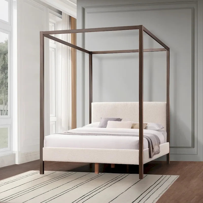 Cama de plataforma con dosel tamaño queen en bouclé blanco perla