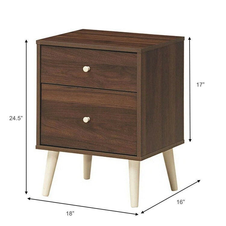 Comodino a 2 cassetti/Tavolino laterale con gambe in gomma - Noce - 18 x 16 x 24.5 (L x W x H)