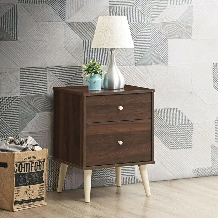 Comodino a 2 cassetti/Tavolino laterale con gambe in gomma - Noce - 18 x 16 x 24.5 (L x W x H)