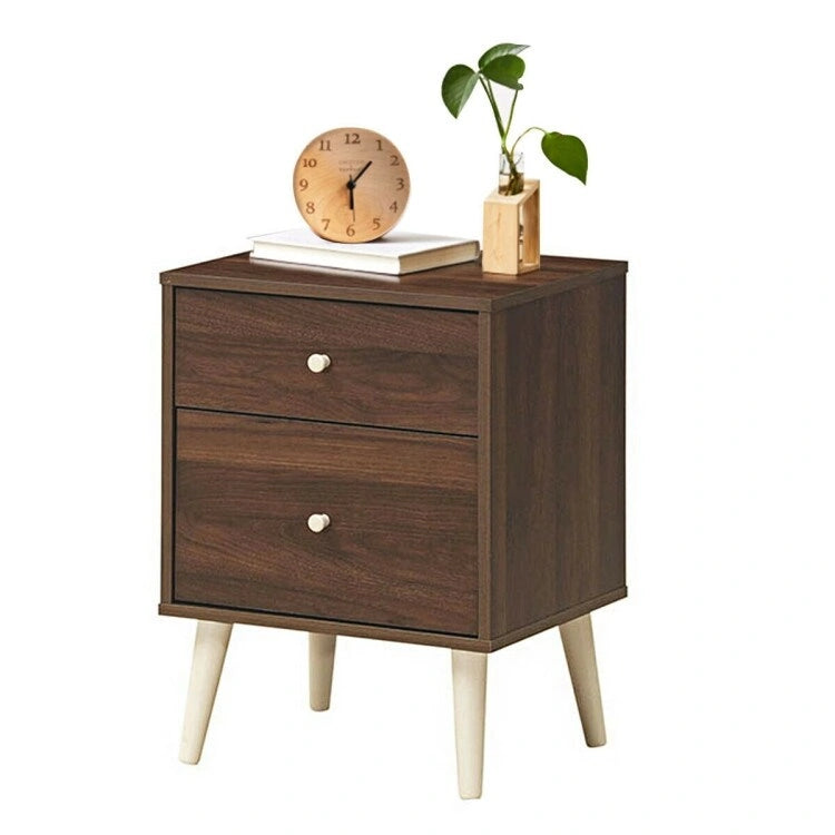 Comodino a 2 cassetti/Tavolino laterale con gambe in gomma - Noce - 18 x 16 x 24.5 (L x W x H)