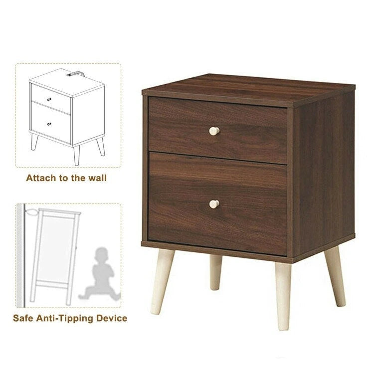 Comodino a 2 cassetti/Tavolino laterale con gambe in gomma - Noce - 18 x 16 x 24.5 (L x W x H)