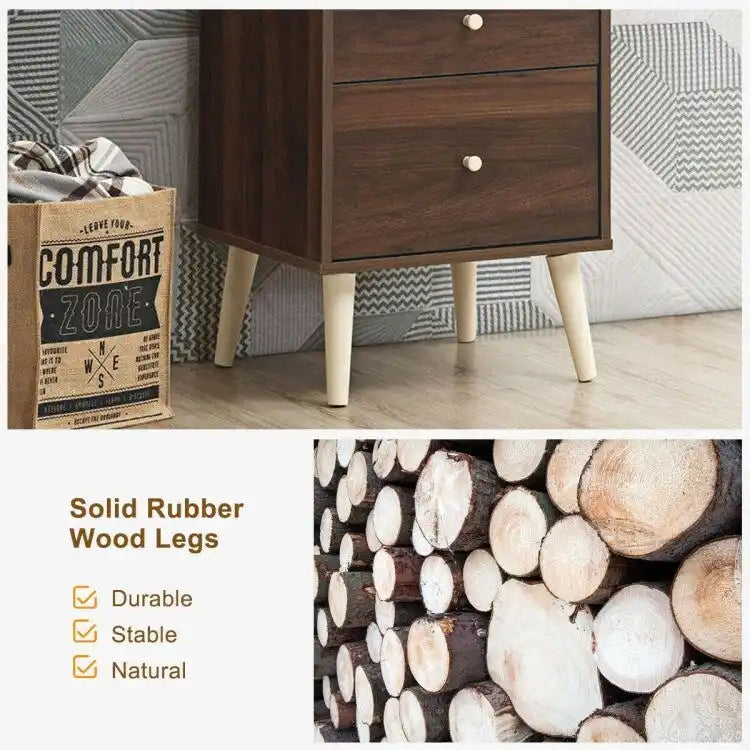 Comodino a 2 cassetti/Tavolino laterale con gambe in gomma - Noce - 18 x 16 x 24.5 (L x W x H)