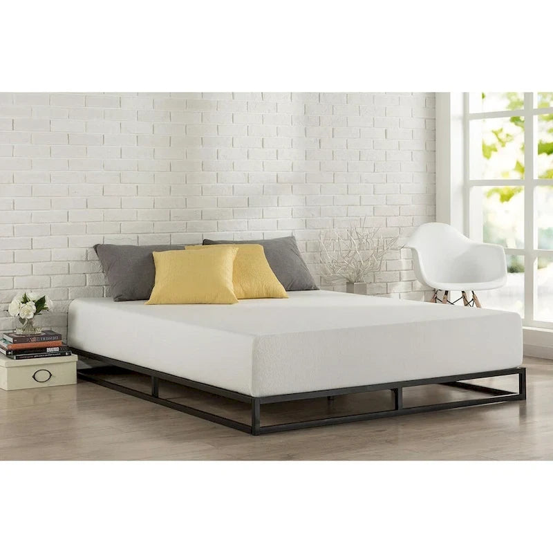 Estructura de cama de plataforma metálica de perfil bajo, tamaño matrimonial, con listones de madera
