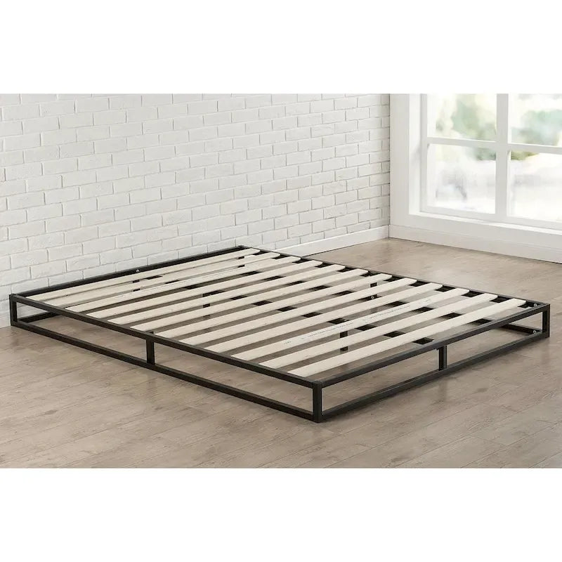 Estructura de cama de plataforma metálica de perfil bajo, tamaño matrimonial, con listones de madera