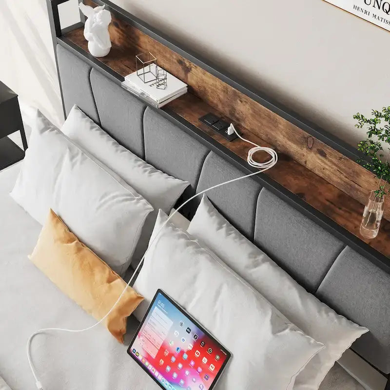 Estructura de cama tamaño Queen/Full, cabecero con almacenamiento, estación de carga y 2 cajones