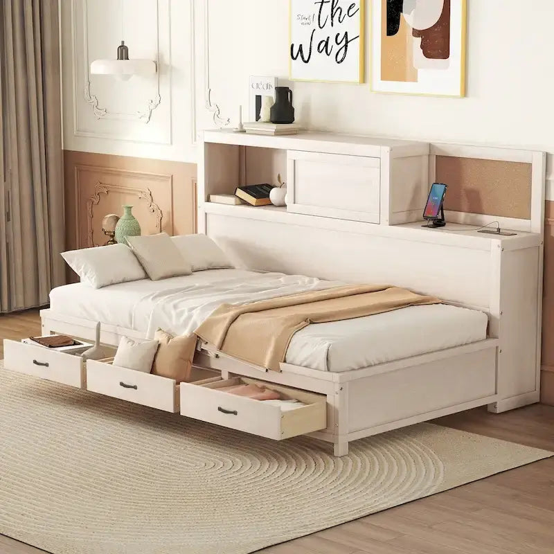 Diván cama de madera tamaño Twin con 3 cajones y puertos USB