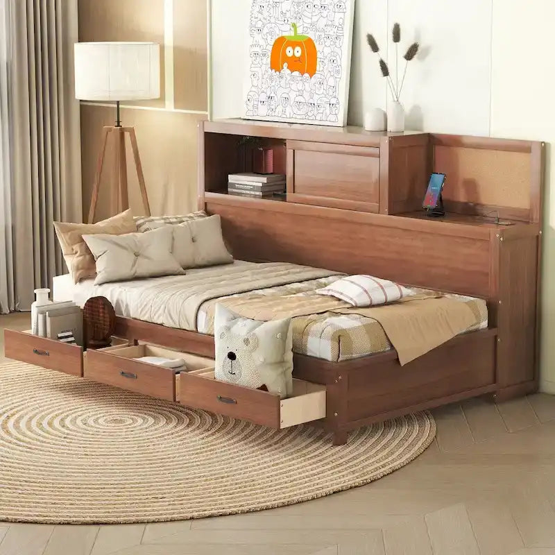 Diván cama de madera tamaño Twin con 3 cajones y puertos USB