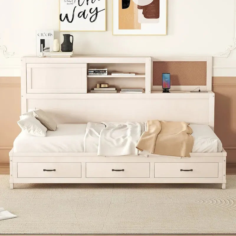 Diván cama de madera tamaño Twin con 3 cajones y puertos USB