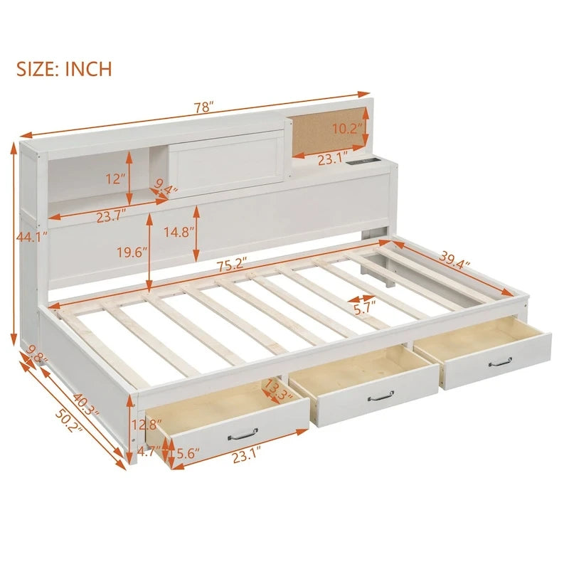 Diván cama de madera tamaño Twin con 3 cajones y puertos USB