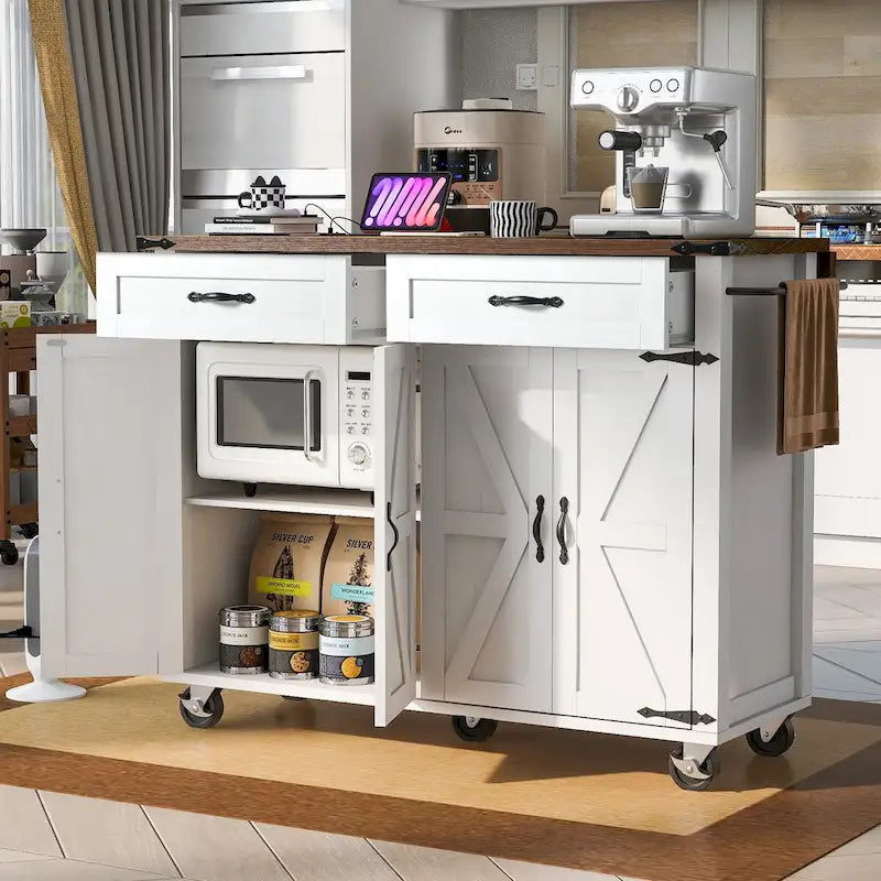 Isla de cocina estilo granja de 53.5 pulgadas con toma de corriente, extensión abatible y almacenamiento móvil