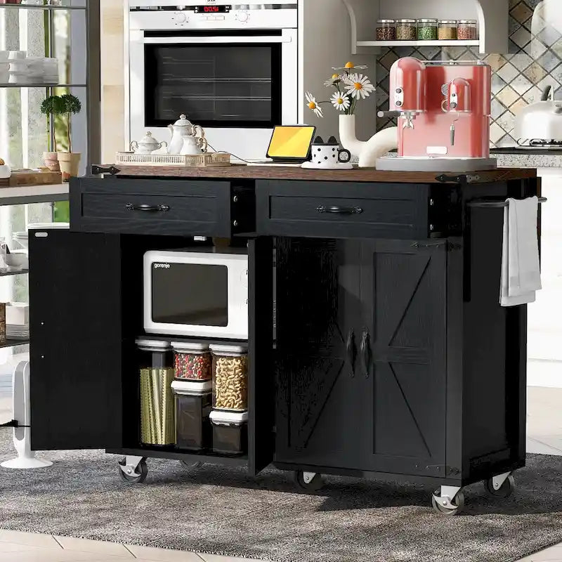 53.5 Farmhouse Kitchen Island with Power Outlet, Drop Leaf & Mobile Storage