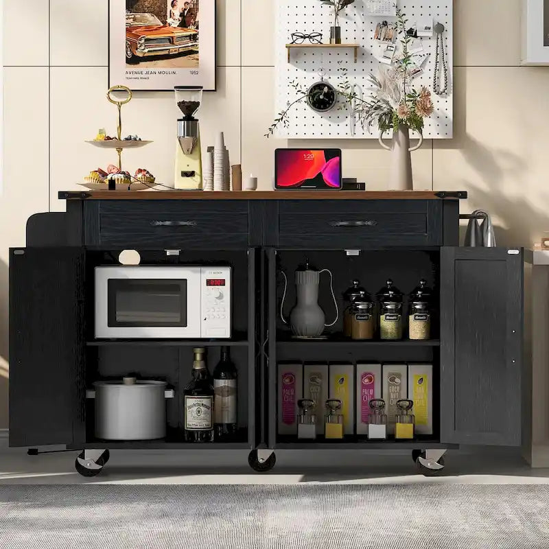 Isla de cocina estilo granja de 53.5 pulgadas con toma de corriente, extensión abatible y almacenamiento móvil