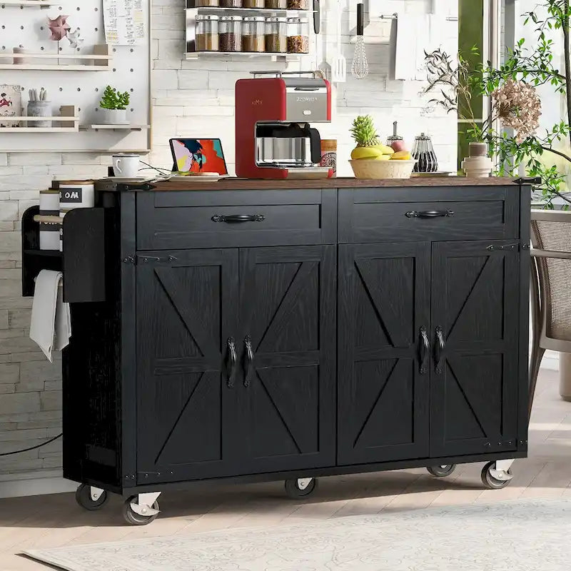 Isla de cocina estilo granja de 53.5 pulgadas con toma de corriente, extensión abatible y almacenamiento móvil
