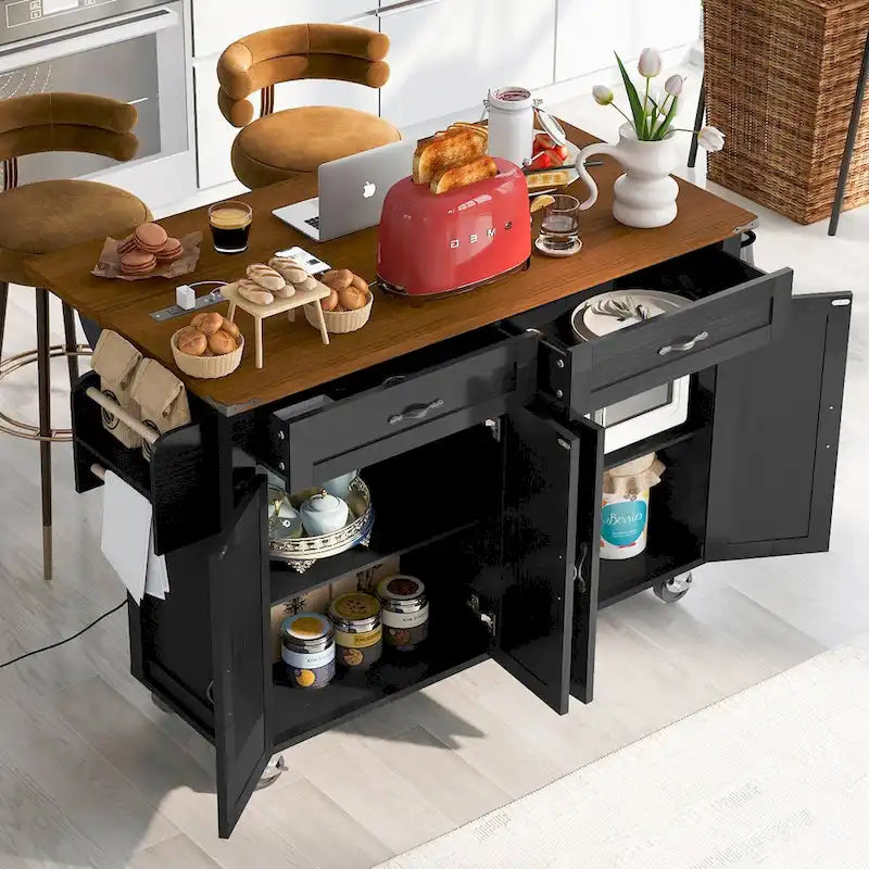 Isla de cocina estilo granja de 53.5 pulgadas con toma de corriente, extensión abatible y almacenamiento móvil