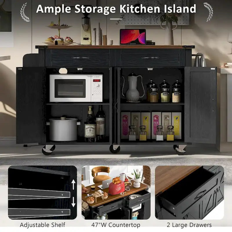 Isla de cocina estilo granja de 53.5 pulgadas con toma de corriente, extensión abatible y almacenamiento móvil