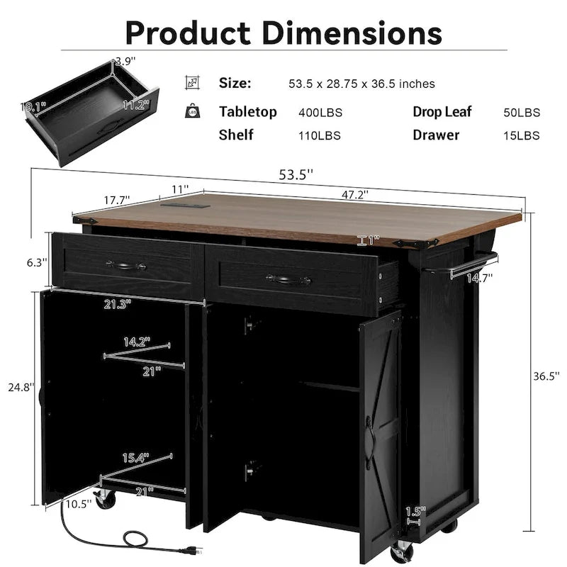 Isla de cocina estilo granja de 53.5 pulgadas con toma de corriente, extensión abatible y almacenamiento móvil