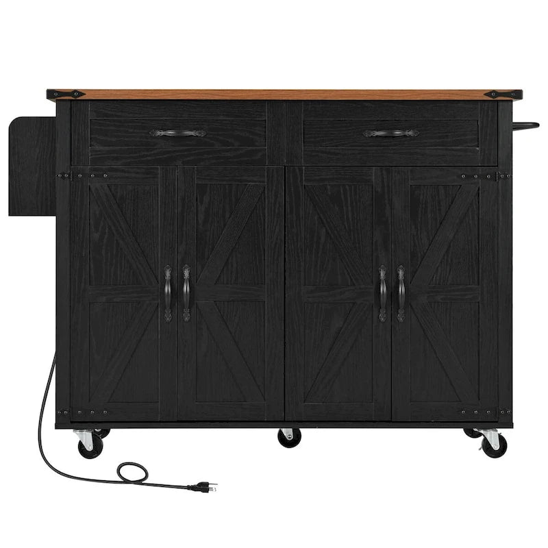 Isla de cocina estilo granja de 53.5 pulgadas con toma de corriente, extensión abatible y almacenamiento móvil