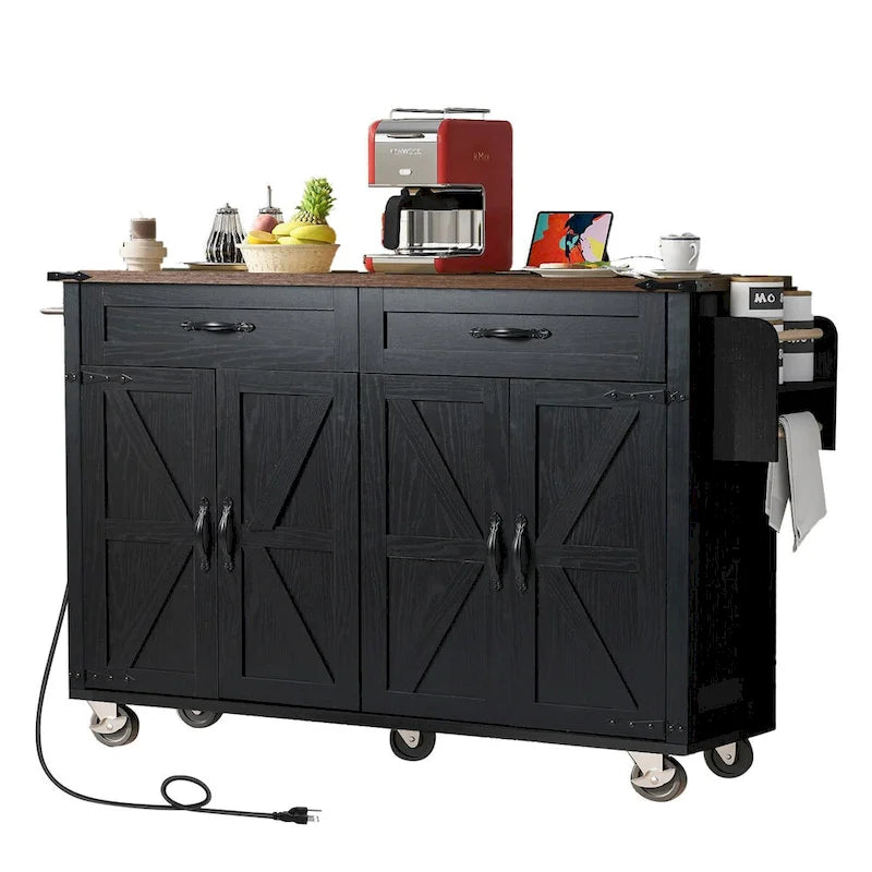 Isla de cocina estilo granja de 53.5 pulgadas con toma de corriente, extensión abatible y almacenamiento móvil