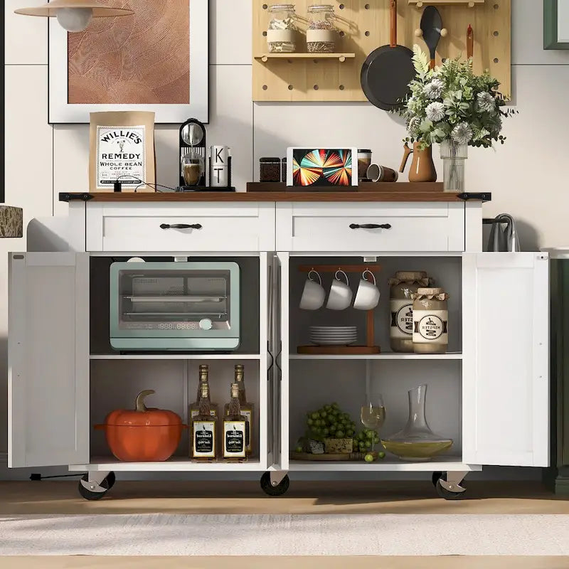 Isla de cocina estilo granja de 53.5 pulgadas con toma de corriente, extensión abatible y almacenamiento móvil