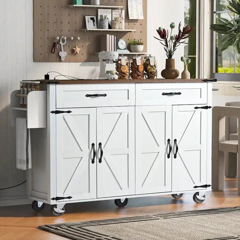 Isla de cocina estilo granja de 53.5 pulgadas con toma de corriente, extensión abatible y almacenamiento móvil