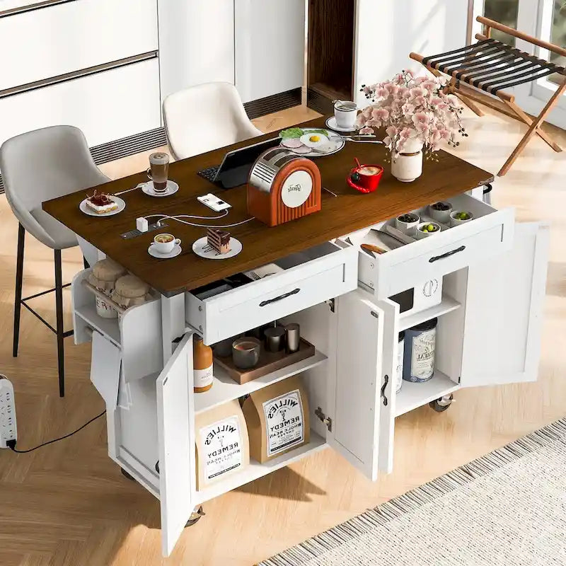 Isla de cocina estilo granja de 53.5 pulgadas con toma de corriente, extensión abatible y almacenamiento móvil