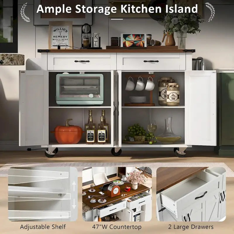 Isla de cocina estilo granja de 53.5 pulgadas con toma de corriente, extensión abatible y almacenamiento móvil
