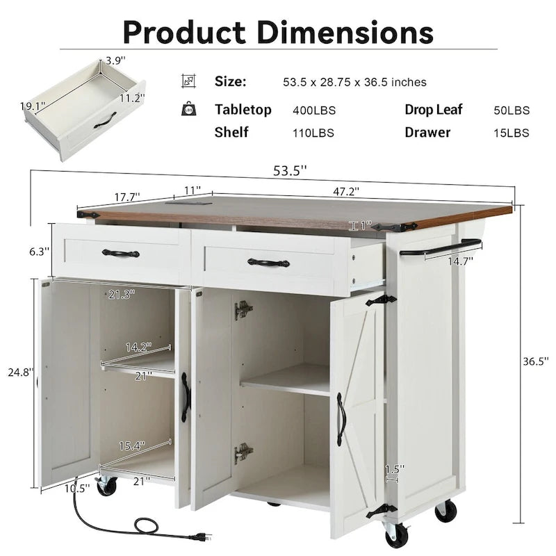 Isla de cocina estilo granja de 53.5 pulgadas con toma de corriente, extensión abatible y almacenamiento móvil
