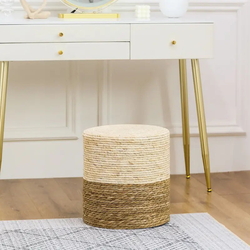 Otomana redonda de espadaña natural tejida a mano con estructura de madera