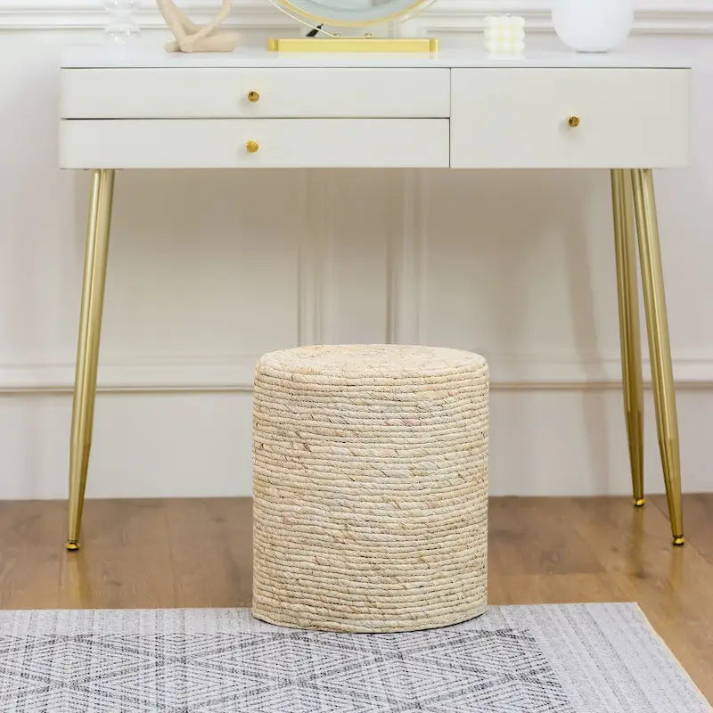 Otomana redonda de espadaña natural tejida a mano con estructura de madera